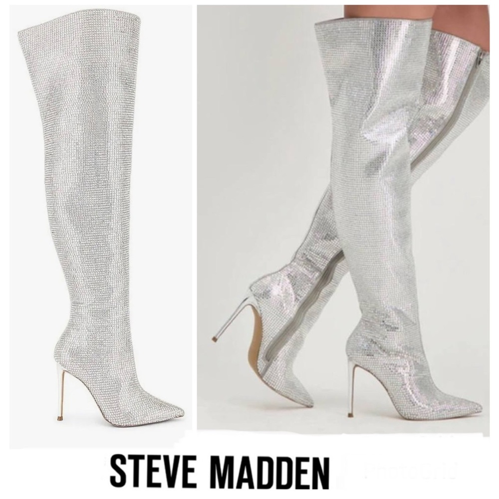 STEVE MADDEN Skyscraper Rhinestone Bling Silver Over The Knee Heels Boots Sz 6.5